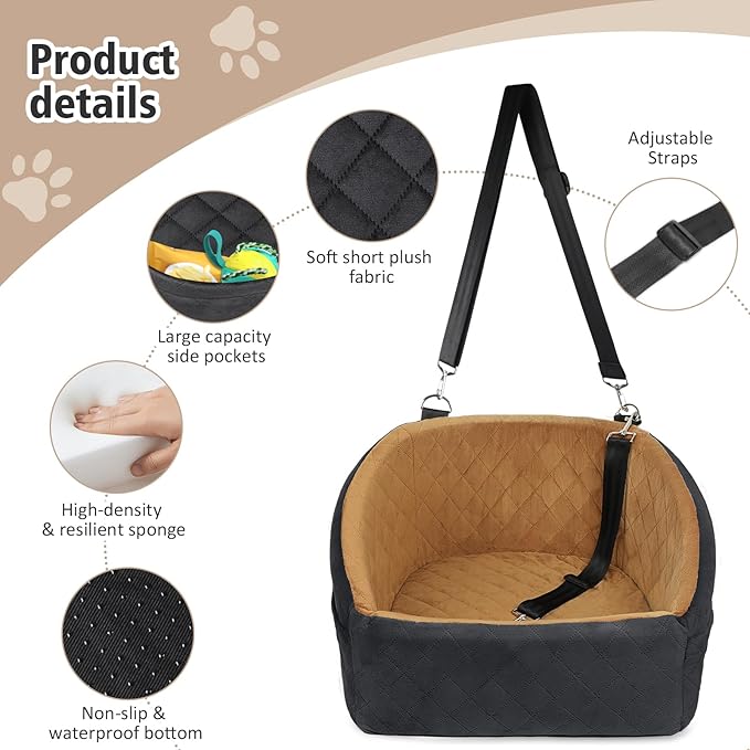 NEEZUKAR Dog Car Seat for Small Medium Dogs,Detachable Washable Dog Booster Seat Under 30lbs, Pet Car Seat Travel Bed with Storage Pockets and Dog Safety Belt(Black/Brown)