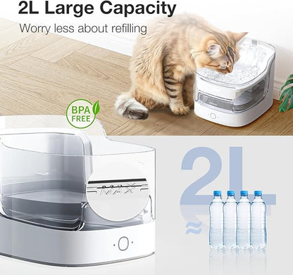 PETGUGU Cat Water Fountain, Automatic Water Dispenser, 2L Pet Water Fountain Transparent Water Tank, 8 Layers Filters Cat Fountain Dog Water Fountain Wireless Pump 2.4G WiFi PF1L