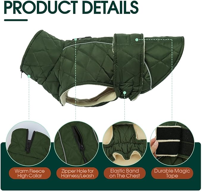 Kuoser Dog Jacket Warm Fleece Lined Dog Coats for Small Dogs, Waterproof Pet Coat Reflective Puppy Snowsuit with Harness Hole for Cold Weather Walking Hiking, Quilted Dogs Winter Vest, Green, S