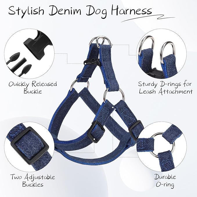 BINGPET Denim Step-in Dog Harness,No Pull Escape-Proof Dog Harness and Leash Set,Adjustable Quick Fit Dog Halter Vests for Small Medium Size Dogs Back Clip Anti-Twist for Easy Walking Training Running