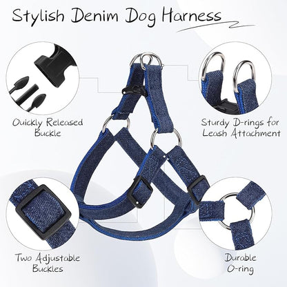 BINGPET Denim Step-in Dog Harness,No Pull Escape-Proof Dog Harness and Leash Set,Adjustable Quick Fit Dog Halter Vests for Small Medium Size Dogs Back Clip Anti-Twist for Easy Walking Training Running