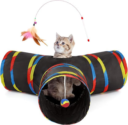 Tempcore Pet Cat Tunnel Collapsible Toy, 3-Way Kitty Tunnel with Peek Hole & Ball - Indoor Play Tube for Cats, Kittens, Puppy, Rabbit, Black & Rainbow