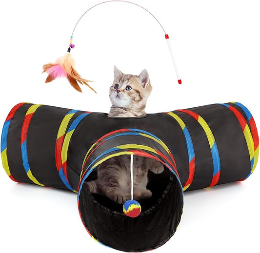 Tempcore Pet Cat Tunnel Collapsible Toy, 3-Way Kitty Tunnel with Peek Hole & Ball - Indoor Play Tube for Cats, Kittens, Puppy, Rabbit, Black & Rainbow