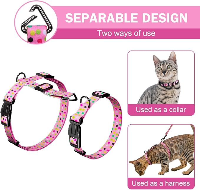 Hikiko Cat Harness and Leash Set Escape Proof Adjustable Walking Travel Cute Girl Kitten Harness for Small Medium Large Cats (Pink Polka Dots, M)