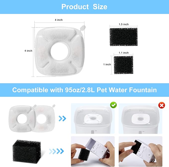 Carcent Cat Water Fountain Filters - 32 PCS Replacement Filters & Sponges for 95oz & 67oz Fountain