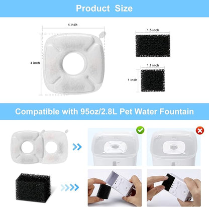 Carcent Cat Water Fountain Filters - 32 PCS Replacement Filters & Sponges for 95oz & 67oz Fountain