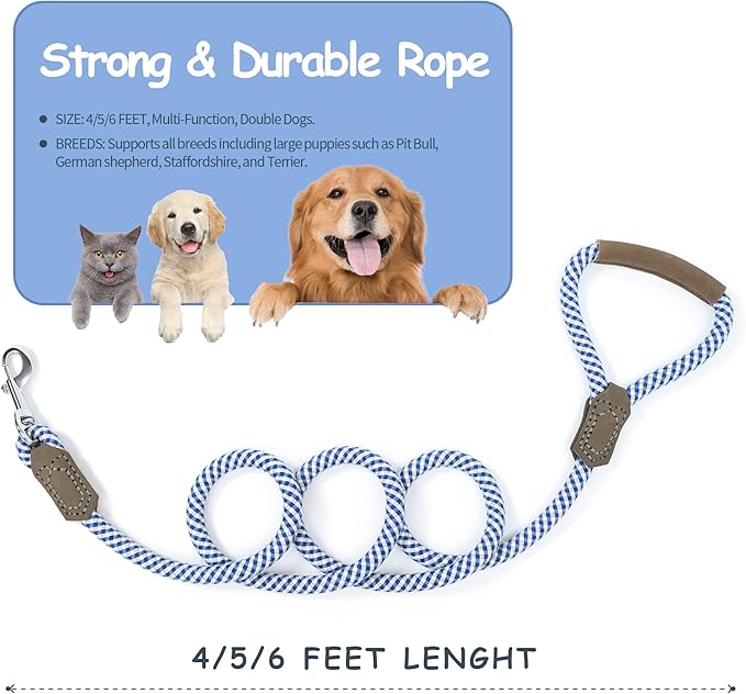 Mile High Life | Premium Leather Dog Leash | Strong Rope Leash | Leather Handle | Zinc Alloy Strong Clasp | Small Medium Large Dogs | 4/5/6 Feet(Blue Gray, 60 Inch (Pack of 1))