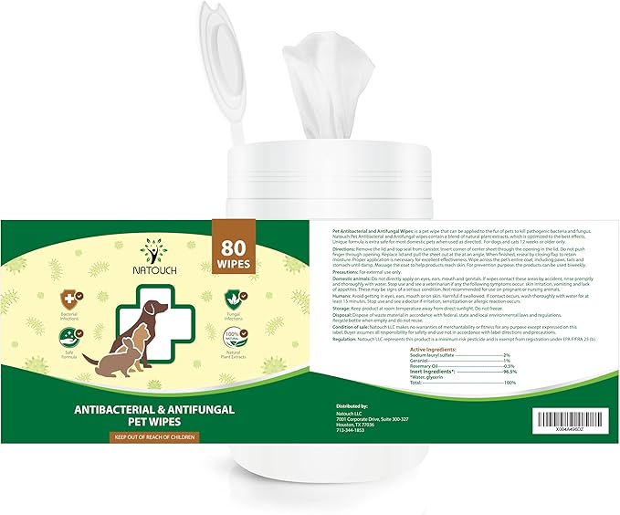 Natouch Antifungal and Antibacterial Wipes for Dogs & Cats, Dog Yeast Infection Treatment Wipes, All Natural Grooming Wipes for Cleaning, Help with Hot Spots, Ringworm, and Skin Infections, 80 Count