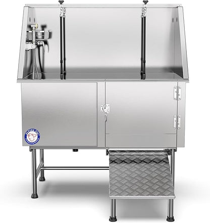 Flying Pig 50" Stainless Steel Pet Dog Grooming Bath Tub with Walk-in Ramp & Accessories (Right Door/Left Drain)