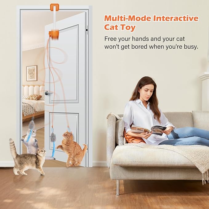 Interactive Cat Toy, Flapping Bird & Rotating Feather Teaser for Indoor Cats, Hanging Doorway Cat Toys with Fishing Pole for Exercise, Boredom Relief & Fun Games