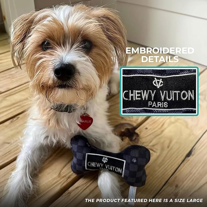 Haute Diggity Dog Black Checker Chewy Vuiton Bone, Plush Designer Dog Toys with Interactive Squeaker, Stimulating Pet Enrichment, Machine-Washable & Safe Materials for All Breeds, Size Large