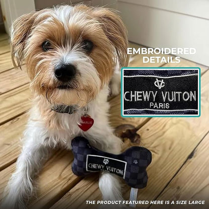 Haute Diggity Dog Black Checker Chewy Vuiton Bone, Plush Designer Dog Toys with Interactive Squeaker, Stimulating Pet Enrichment, Machine-Washable & Safe Materials for All Breeds, Size XL