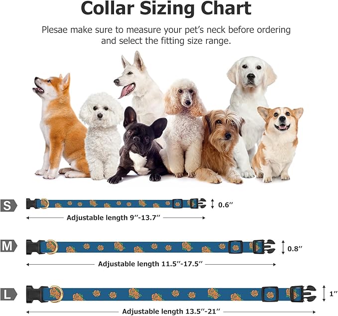 Cotton Handmade Dog Collar Cute and Distinctive Patterns Blue Rose with Pendant for Girl Boy Dogs Collars L