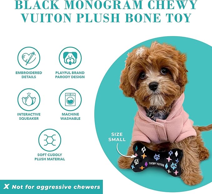 Haute Diggity Dog Black Monogram Chewy Vuiton Bone, Plush Designer Dog Toys with Interactive Squeaker, Stimulating Pet Enrichment, Machine-Washable & Safe Materials for All Breeds, Size Large