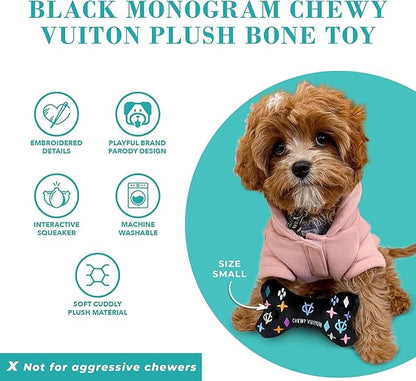 Haute Diggity Dog Black Monogram Chewy Vuiton Bone, Plush Designer Dog Toys with Interactive Squeaker, Stimulating Pet Enrichment, Machine-Washable & Safe Materials for All Breeds, Size Large