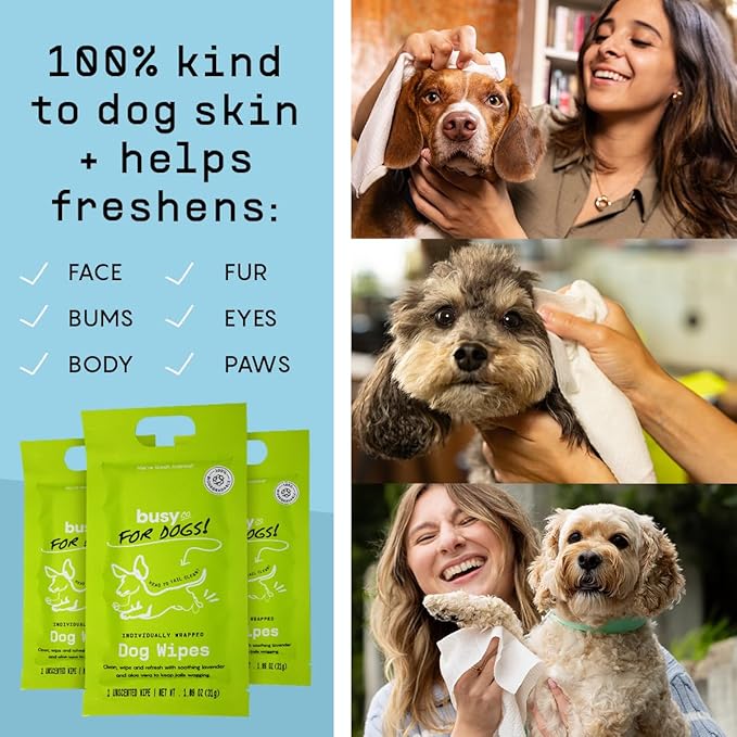 BUSYCO - Hypoallergenic Dog Wipes, Cleaning and Odor Control Grooming Wipes for Paws, Body, and Butt, Perfect for Puppy and Adult Dogs, Individually Wrapped, Unscented (Unscented, 20 Grooming Wipes)