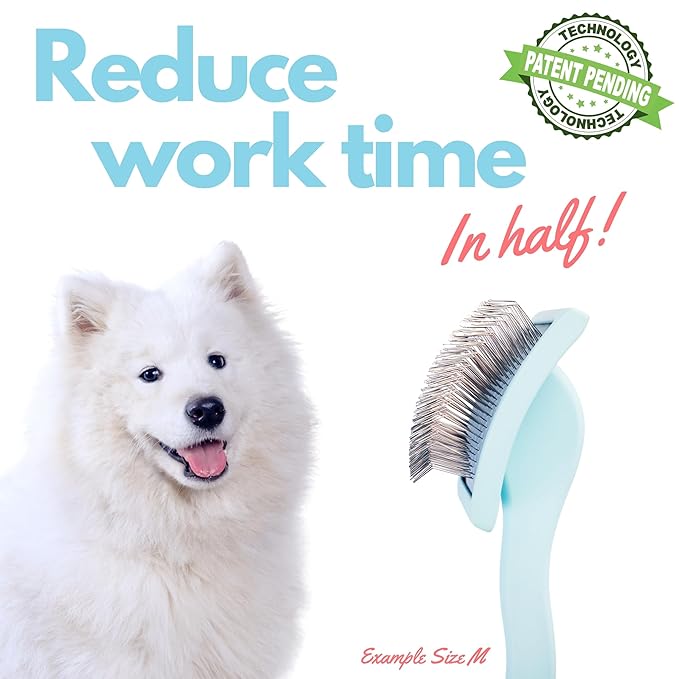Pet Slicker Brush With Soft Massage Grooming Stainless Steel Pins - For Dematting, Shedding Fur, and Undercoat - Ideal Gift for Professional Pet Groomers - Long Slicker Brush (Blue, Curved Medium)