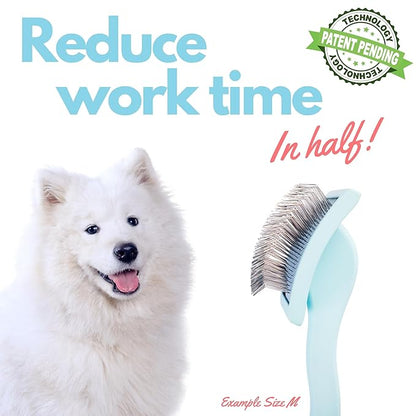 Pet Slicker Brush With Soft Massage Grooming Stainless Steel Pins - For Dematting, Shedding Fur, and Undercoat - Ideal Gift for Professional Pet Groomers - Long Slicker Brush (Blue, Curved Medium)