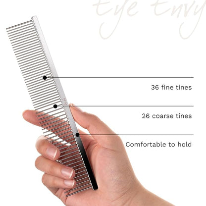 Eye Envy ProGlide Detangling Comb for Dogs and Cats. Dual-sided 7.5” Greyhound-style comb with 30mm rounded teeth. Gentle on your pet, it glides through dense coats without damaging hair or skin.