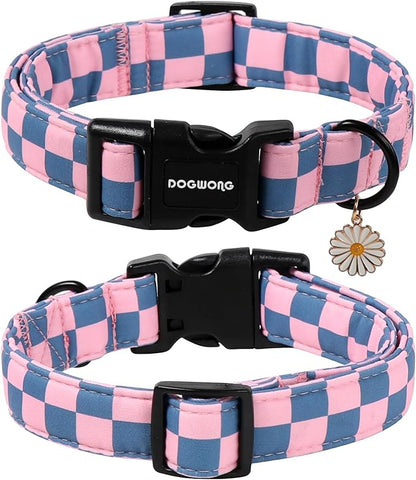 DOGWONG Plaid Dog Collar - Adjustabe Pink Blue Plaid Dog Collar - Cute Pet Checkered Dog Collars Puppy Gift for Small Medium Large Dogs