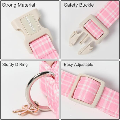 DOGWONG Pink Plaid Collar for Small Medium Large Dogs - Pink Dog Collar for Girl Female Dogs,L