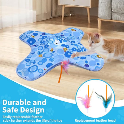 DFQ Interactive Cat Toy for Indoor Cats, Rechargeable Touch-Activated Moving Feather Wand with Concealed Motion, Play Toy for Kittens and Adult Cats (Blue)