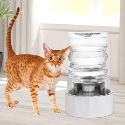 RIZZARI Gravity Water Bowl Dispenser: 4L White Stainless Steel Water Feeder Without Filter - Detachable Food-Grade Bowl -Spill-Proof - for Small Cats & Busy Multi-Pet Owners - Home Bedroom Garden