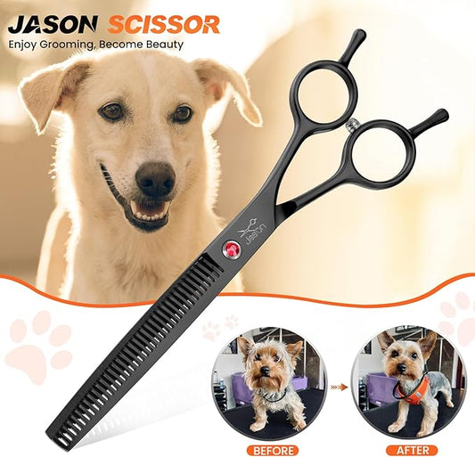 JASON 7.5" Dog Grooming Scissor - Professional Thinning Shear with 37 Teeth Japanese Stainless Steel Blender Scissors for Dogs, Cats and Other Pets (Thinning, Black) Christmas Gift