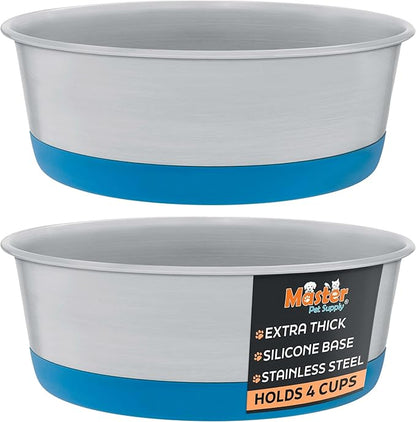Master Pet Supply Stainless Steel Dog Bowls Set of 2 with Extra Thick Silicone Base - 4 Cup (32 oz) True Blue, Non-Slip, Dishwasher Safe Metal Bowls, Pet Dog Food Bowl for Dogs, Cats, Anti Rust