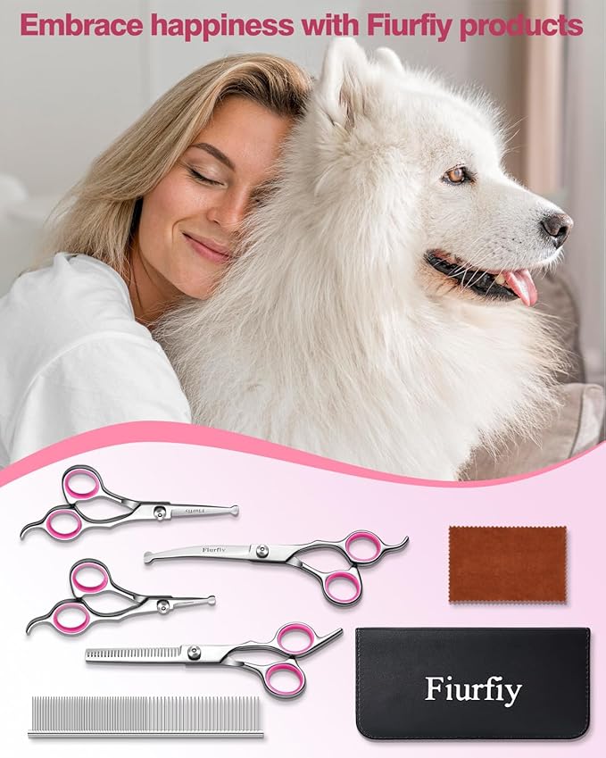 Fiurfiy Furry Professional Pet Grooming Scissors with Safety Round Heads - 6 in 1 Curved Scissors for Dogs and Cats