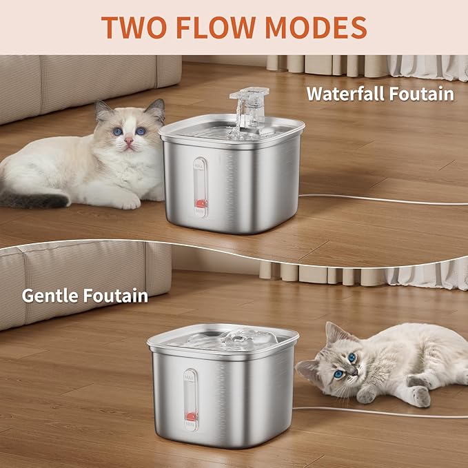 Cat Water Fountain, 74.4oz/2.2L Stainless Steel Cat Fountain for Drinking with Waterfall Effluent, Silent Pet Drinking Dispenser with Float Water Level for Small Animal