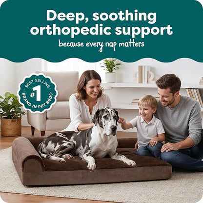 Furhaven Orthopedic Dog Bed for Large Dogs w/ Removable Bolsters & Washable Cover, For Dogs Up to 125 lbs - Plush & Velvet L Shaped Chaise - Sable Brown, Jumbo Plus/XXL