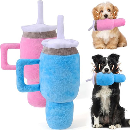 Mity Rain Funny Tumbler With Handle Cup Dog Toy - Cute Squeaky Interactive Fluff and Tuff for Small/Large/Medium Dogs (2 Pack, Blue+Pink)