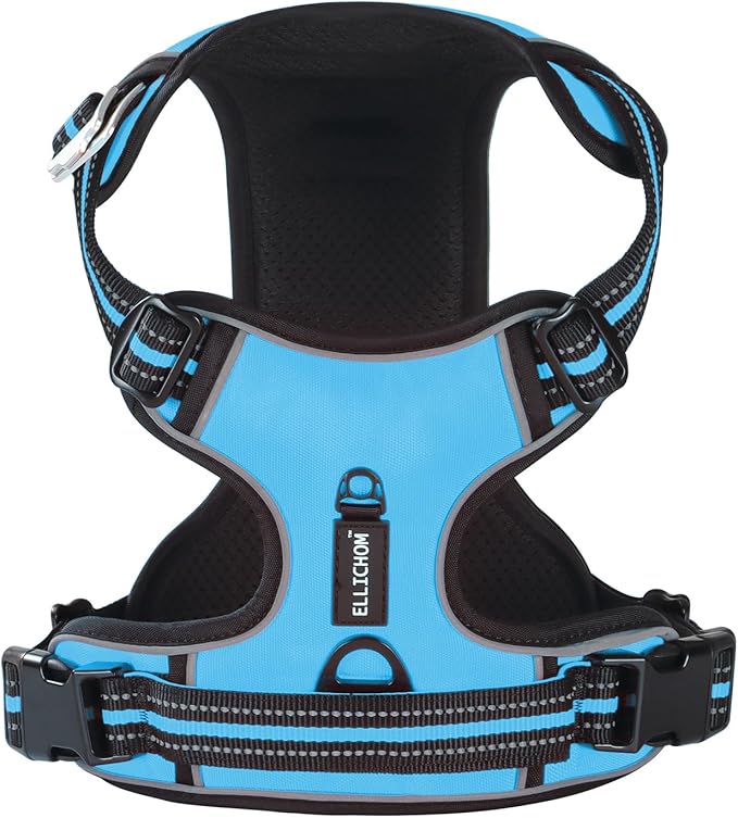 No Pull Dog Harness with 3 Snap Buckles,No Choke Front Lead pet Harness Reflective and Adjustable Soft Padded Vest for Small Medium Large Dog (Blue, Large)