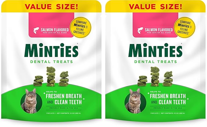 Minties Dental Treats for Cats, Salmon Flavor | 10oz | Pack of 2 | Freshens Breath | Controls Tartar