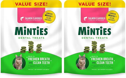 Minties Dental Treats for Cats, Salmon Flavor | 10oz | Pack of 2 | Freshens Breath | Controls Tartar