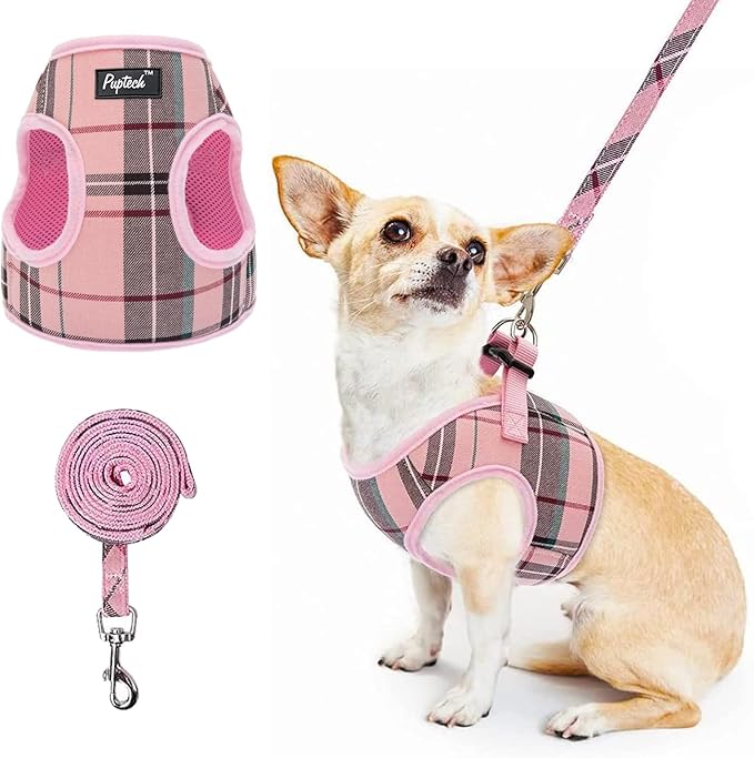 PUPTECK Soft Mesh Dog Harness and Leash Set Step-in Plaid Puppy Padded No Pull Vest Harness for XS Small Medium Sized Dogs Cats Outdoor Walking, Pink M