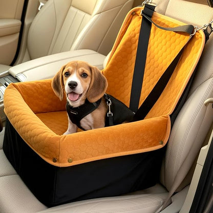 Wagora Dog Car Seat for Small Medium Dogs, Travel Pet Car Bed with Removable Waterproof Cover, Memory Foam Dog Booster Seats Up to 35 lbs, Safety Belt and Storage Pocket(Brown)