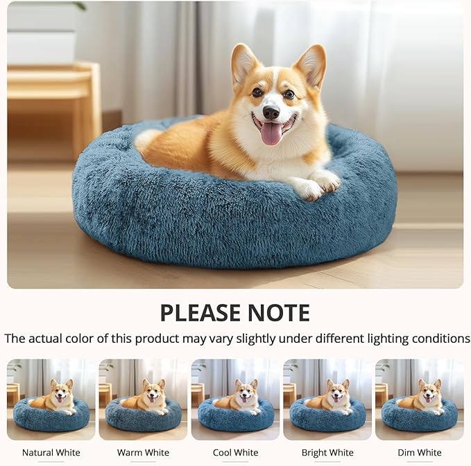JOLLYVOGUE Calming Dog Bed Medium Size Dog, Anti-Anxiety Donut Medium Pet Bed, 27 inches Fluffy Faux Fur Round Cat Bed (Blue)