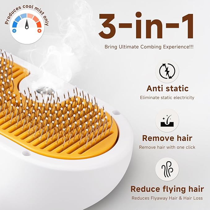 Pet Steam Brush for Dog & Cat - 3-in-1 Steam Grooming Brush for Shedding & Hair Removal - Pet comb leave-in serum with Mist for Long Haired Pets - Includes 2*Waterless Shampoo, Yellow
