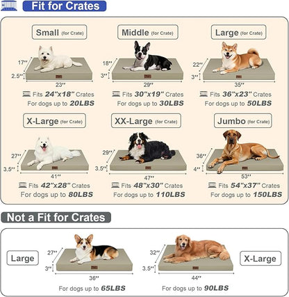 Tail Stories Outdoor Extra Large Dog Bed, Jumbo Waterproof Dog Bed for Large Dogs, Orthopedic Egg Crate Foam Pet Mat with Removable Oxford Cooling Cover, Khaki