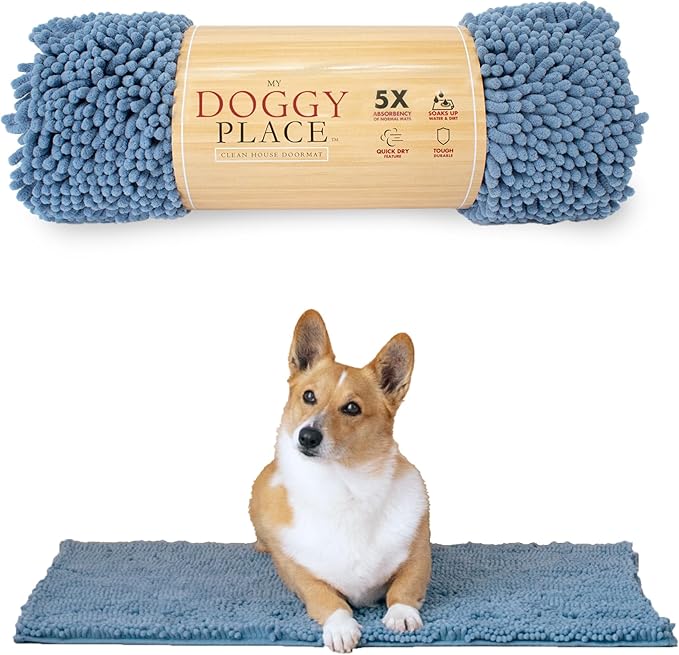 My Doggy Place Dog Mud Mat, 31" x 20" Faded Denim – Thick Microfiber Entry Rug for Snow, Mud & Salt – Absorbent, Quick-Dry, Washer-Safe & Non-Slip, Medium