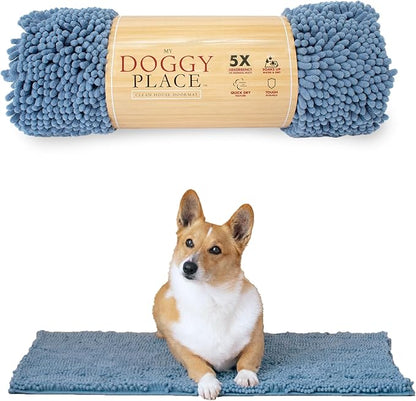 My Doggy Place Dog Mud Mat, 31" x 20" Faded Denim – Thick Microfiber Entry Rug for Snow, Mud & Salt – Absorbent, Quick-Dry, Washer-Safe & Non-Slip, Medium
