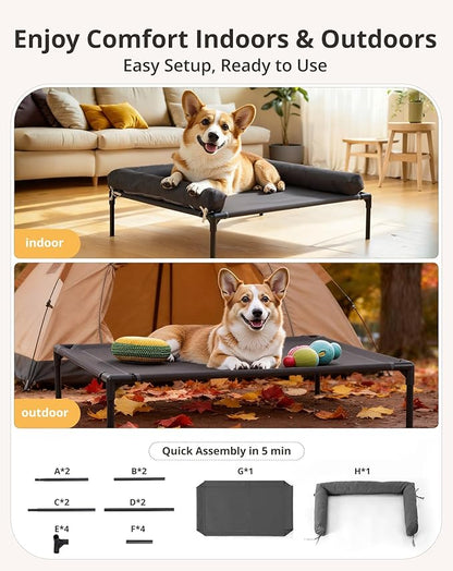 Cooling Elevated Dog Bed, 26.8x34 Raised Dog Bed with Removable Bolster Cushion, Breathable Mesh, Non-Slip Feet, and Metal Frame for Medium Breeds Indoor Outdoor