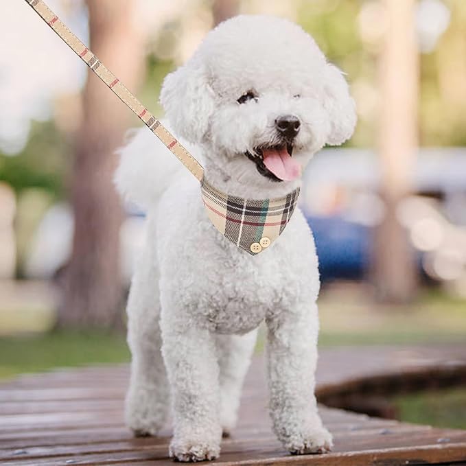 KOOLTAIL Small Dog Collar and Leash Set with Bowtie and Bells - Cute Puppy Bandana Collar and Leash with Classic Plaid Pattern, Soft Leather Tangle Free Leashes for Small Boys Girls Dogs,Cats,Beige S