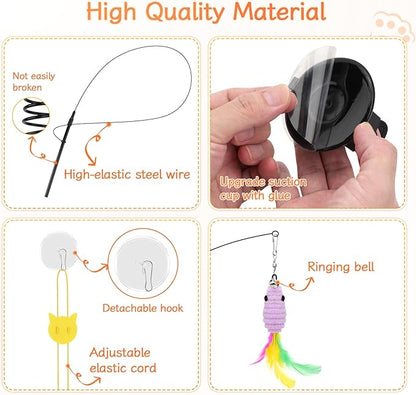 Atosun Interactive Cat Toys, 15PCS Cat Wand and Feather Toys for Indoor Cats, Reusable Suction Cup Toys for Kittens Play Exercise (Suction Model)