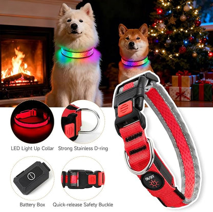 LED Dog Collar, Light Up Dog Collar USB Rechargeable, Nylon Adjustable Comfortable Soft Bright RGB 7 Colors Changeing Safety Light Glowing Collar for Medium and Large Dogs(Medium,Red)