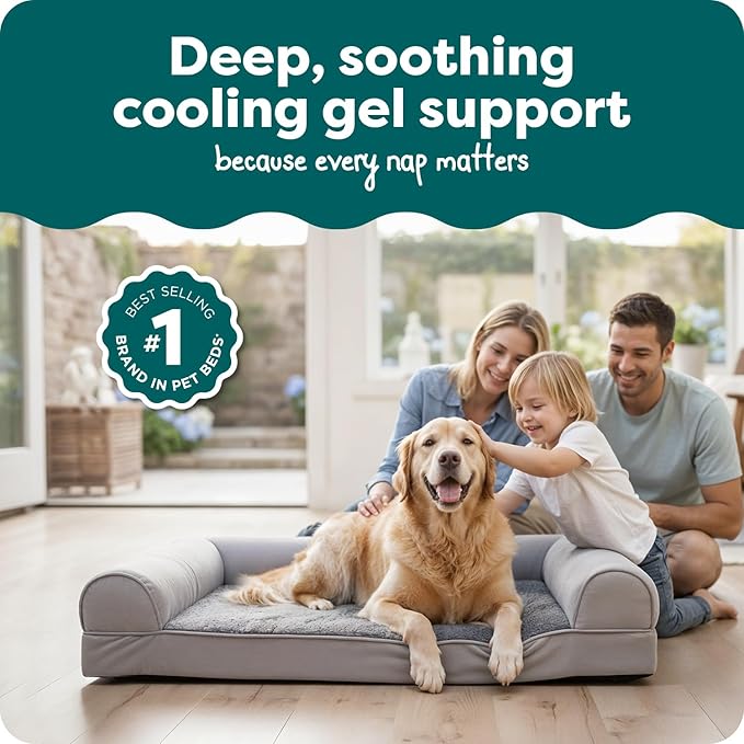 FurHaven Orthopedic Dog Bed for Large Dogs, Sofa-Style with Cool Gel-Top Foam with a Solid Orthopedic Foam Base for Joint Support, Removable Washable Cover, Jumbo XL, Plush & Suede, Gray