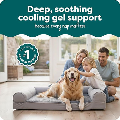 FurHaven Orthopedic Dog Bed for Large Dogs, Sofa-Style with Cool Gel-Top Foam with a Solid Orthopedic Foam Base for Joint Support, Removable Washable Cover, Jumbo XL, Plush & Suede, Gray