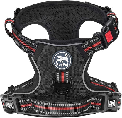 PoyPet No Pull Dog Harness, [Release at Neck] Reflective Adjustable No Choke Pet Vest with Front & Back 2 Leash Attachments(Black+Red,L)